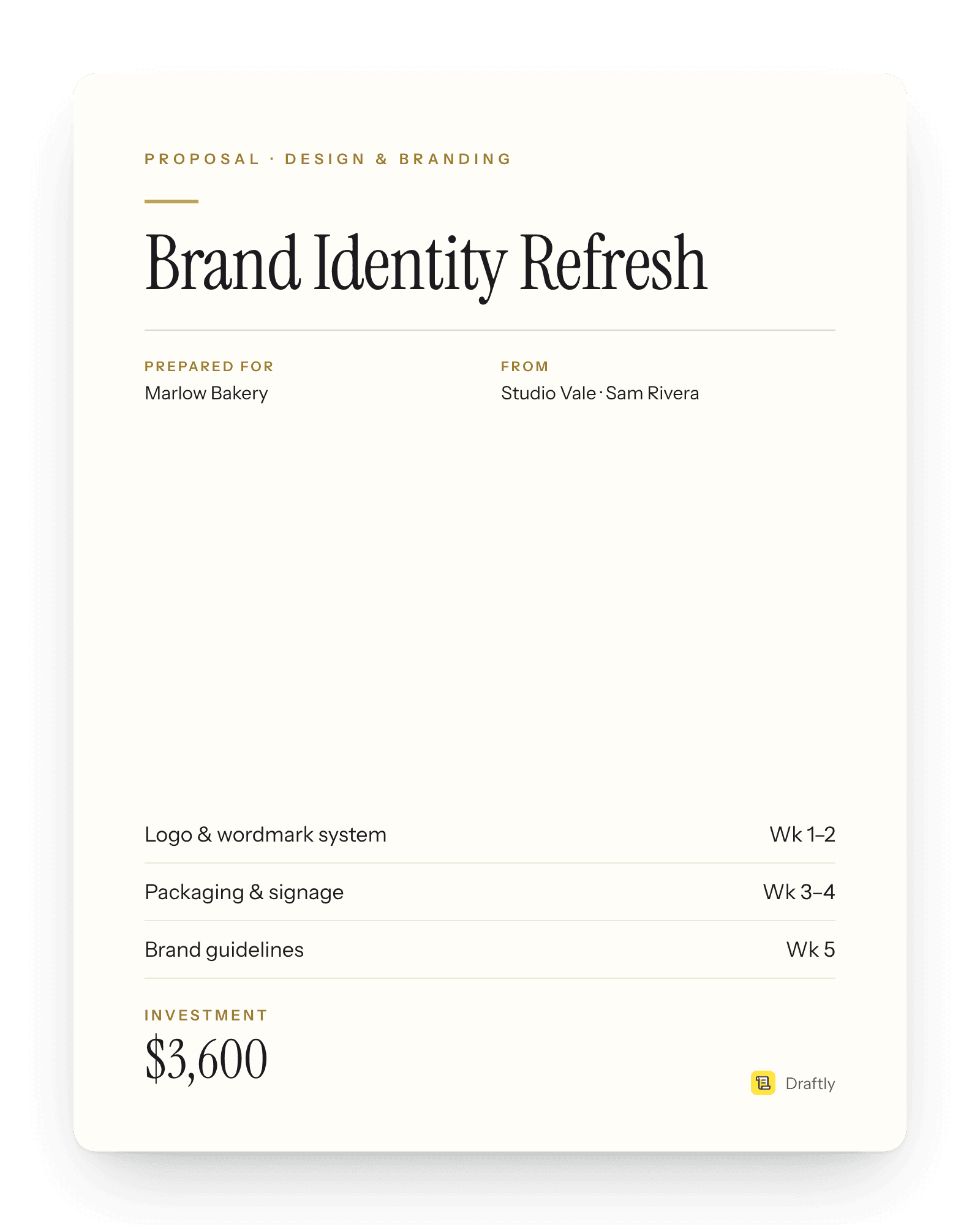 Sample Draftly proposal cover: Brand Identity Refresh for Marlow Bakery, three milestones over five weeks, $3,600.