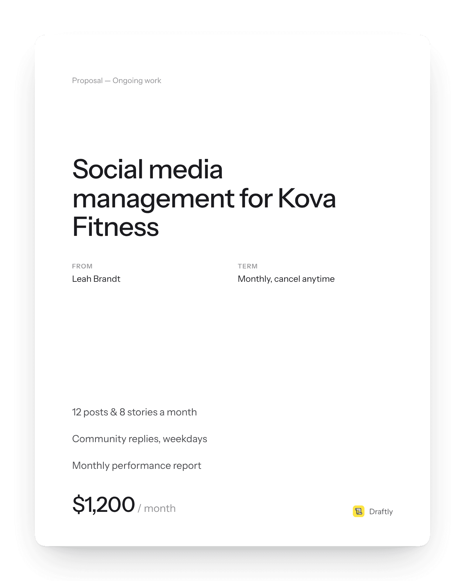 Sample Draftly proposal cover: Social media management for Kova Fitness, a monthly retainer at $1,200 a month.