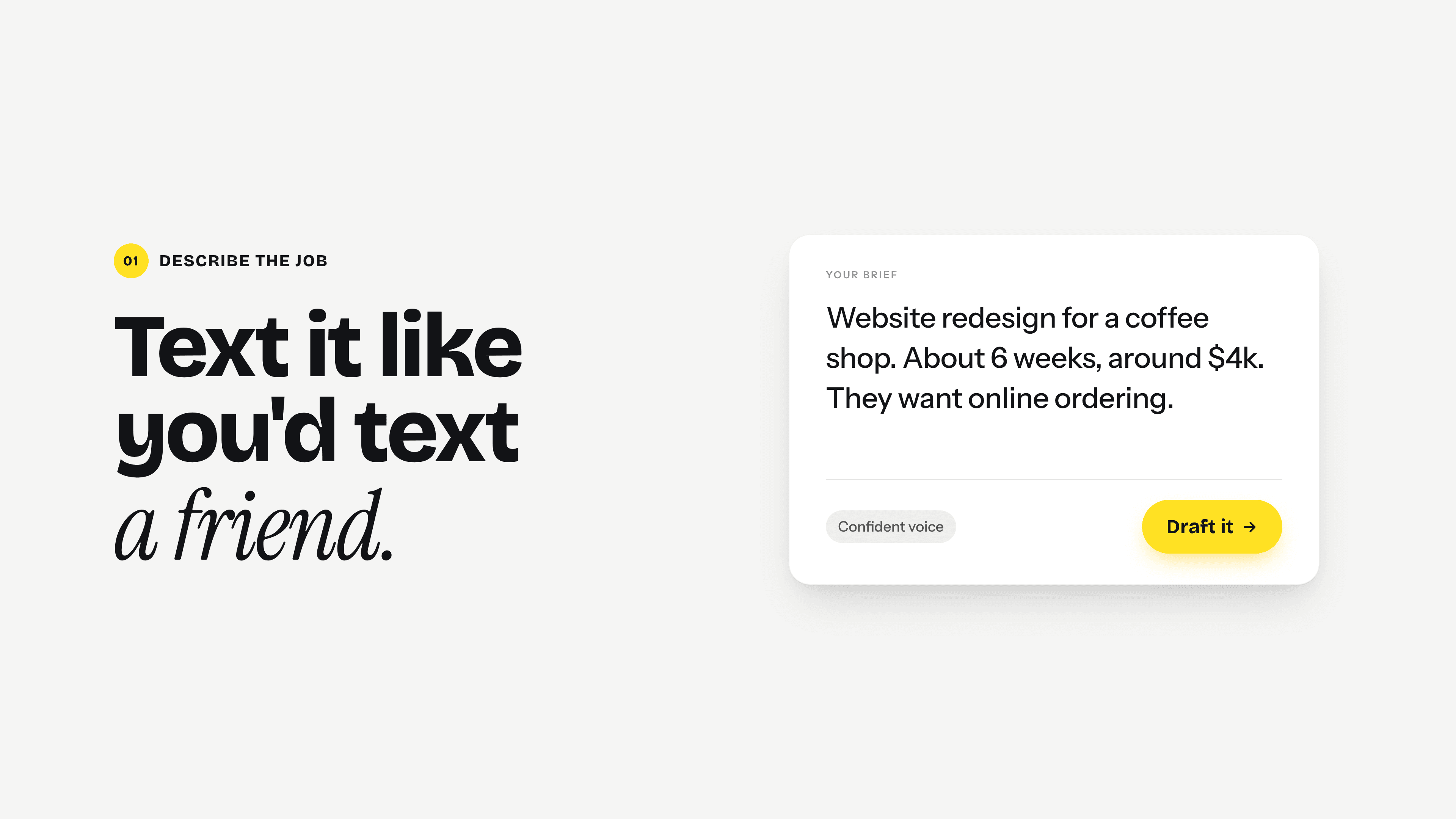 A short brief for a coffee shop website redesign: about six weeks, around $4k, with online ordering.