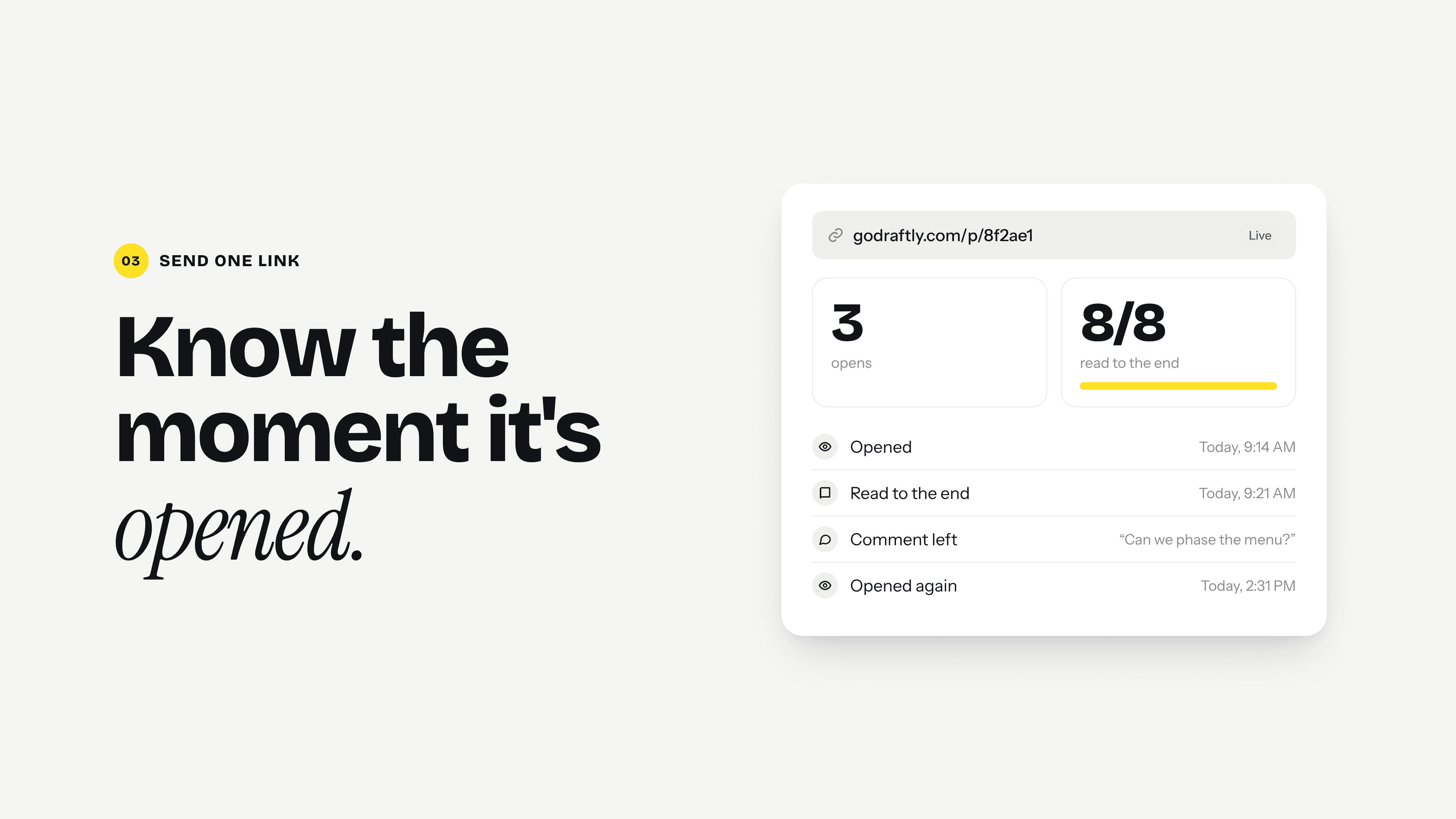 A tracked proposal link showing 3 opens, read to the end, and a client comment.